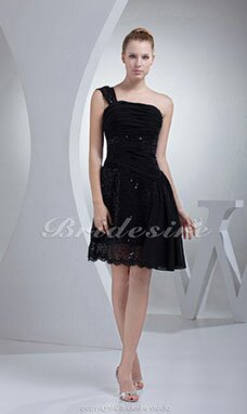 Fourreau Épaule asymétrique Court/Mini Sans manches Mousseline polyester Pailleté Robe de Soirée