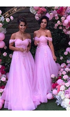 A-line Épaule dégagée Sans manches Tulle Robe Demoiselle d'Honneur